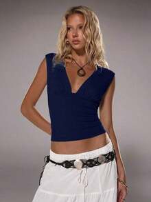 Camiseta sin Mangas Casual Ajustada con Cuello en V Profundo para Mujer, Primavera/Verano - Azul Marino - Ver 7