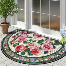 1pc Rose Brick Pattern Half-Round Doormat, Small Rug, Welcome Mat, Carpet, Fan-Shaped Rug, Outdoor Doormat, Kitchen Rug, Home Decor, Front Door Mat, Area Small Rug, Outdoor Mat, Home Decor, Area Rug, Garden Rug, Washable Carpet - Multicolor H - View 1