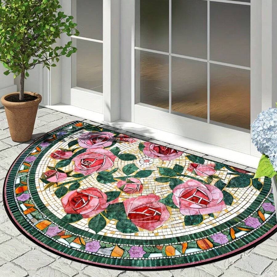 1pc Rose Brick Pattern Half-Round Doormat, Small Rug, Welcome Mat, Carpet, Fan-Shaped Rug, Outdoor Doormat, Kitchen Rug, Home Decor, Front Door Mat, Area Small Rug, Outdoor Mat, Home Decor, Area Rug, Garden Rug, Washable Carpet - Multicolor H - View 1