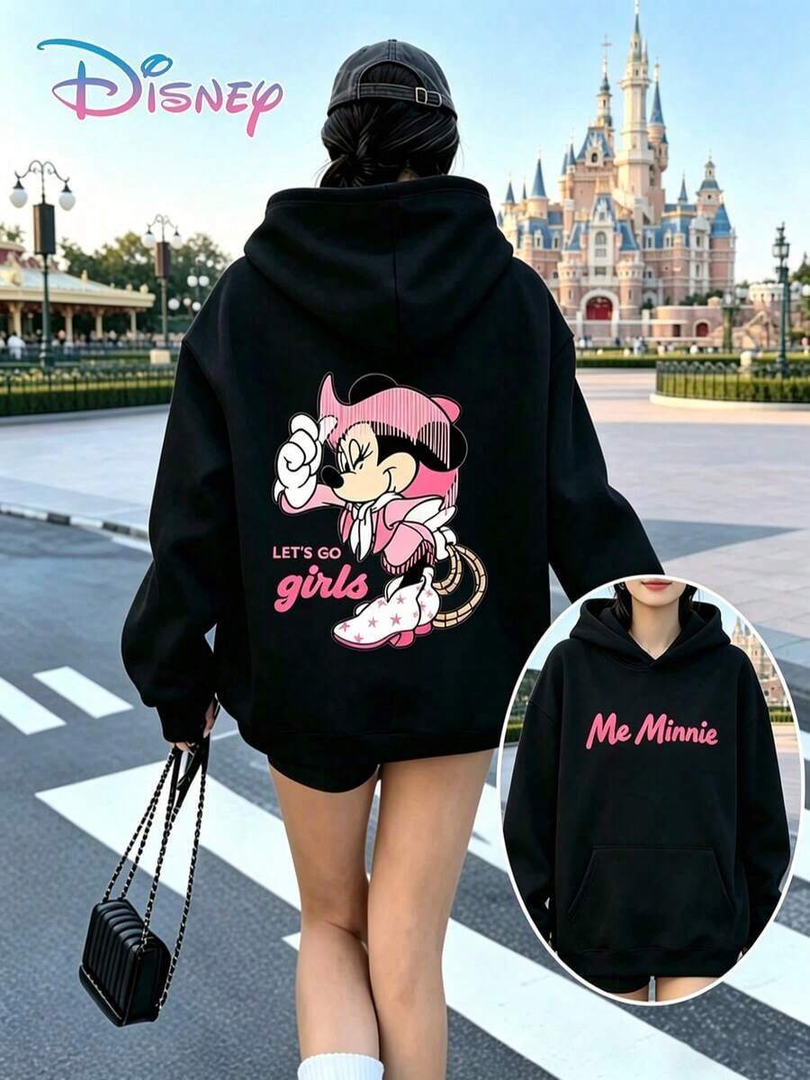 Disney Minnie Mouse Y2K Print Sweatshirt, A Fun Western Cowboy-Style Printed Loose-Fitting Top, Perfect For Casual Wear And A Great Holiday Gift. (Women's Autumn/Winter Clothing/Elegant Women's Outfits/Patterned Hoodies/Printed Tops/Casual Outfits For Women/Women Trending Now/Holiday Co-Ord/Plus Size Friendly) - màu đen - Xem 1
