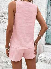 LUNE Conjunto De Camiseta Sin Mangas Y Pantalones Cortos De Color Sólido Para Mujer Con Cuello En V - Rosa - Ver 2