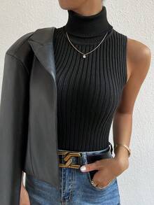 Top de cuello tortuga tejido de canalé - Negro - Ver 3