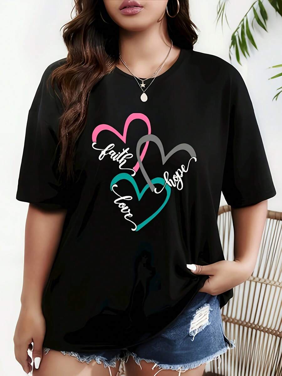 Camiseta Oversize Negra para Mujer Talla Grande - Manga Corta, Cuello Redondo, Cómoda y Elástica, Tejido Opaco y Corte Holgado para Primavera/Verano, Ropa Casual, Lavable a Máquina (Amigable con Curvas) - Esencial para Capas en Todas las Estaciones