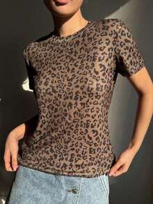 Camiseta de manga corta de cuello redondo de unicolor versátil y casual para el verano - Marrón - Ver 3