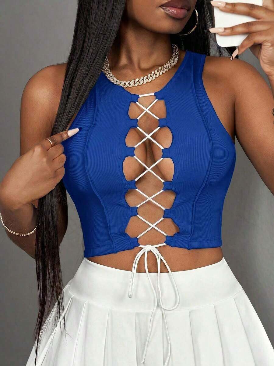 Top corto sin mangas con contraste de color acanalado, estilo casual básico, deportivo, sexy y de calle Y2K para mujeres - azul real - Ver 1