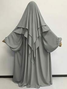 紋理鬆弛款 Khimar Abaya 兩件套，彈性泡泡袖百褶端莊 長洋裝，穆斯林女性休閒伊斯蘭禮拜套裝 - 彩色 - 查看 17