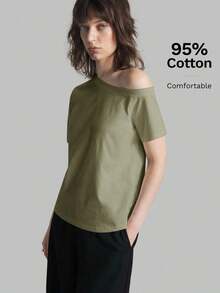 Camiseta de mujer de manga corta y hombro asimétrico, primavera/verano 2026.Camiseta casual urbana elegante con cuello asimétrico, adecuada para oficina, maestros, invitados de boda, vacaciones, casual de negocios, versátil - Verde militar - Ver 5