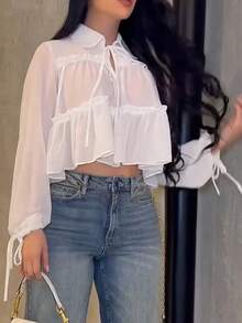Camisa casual de mujer de manga larga y unicolor elegante, diseño asimétrico con parte delantera corta y parte trasera larga, cuello con lazo, manga farol suelta, estilo casual suelto y sexy - Blanco - Ver 7