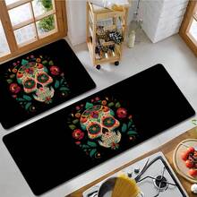 1pc Skull Pattern Printed Linen Kitchen Rug, Bathroom Mat, Doormat, 3D Printed Rectangle Carpet For Living Room, Bedroom, Hallway, Bathroom, Laundry Room - Polyester Rug For Indoor And Outdoor Home Decor - Multicolor - View 4