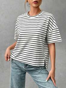 Camiseta básica minimalista de mujer de algodón suave, con parte delantera corta y parte trasera larga, estilo elegante adecuado para salidas, combinaciones, viajes, vacaciones, playa, fiestas, cumpleaños, festivales de música - Multicolor - Ver 3