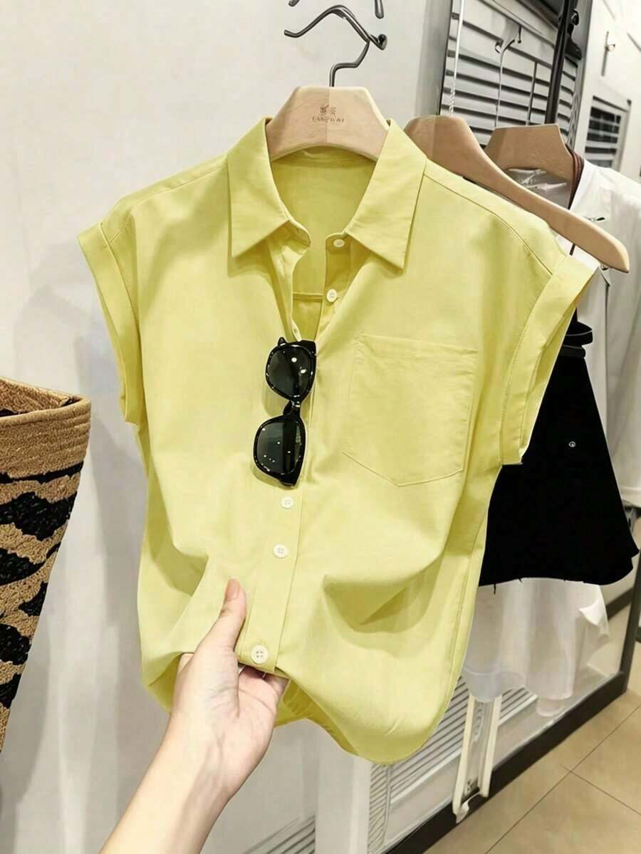 Camisa casual de mujer con mangas de murciélago azul y bolsillo, para uso diario, primavera/verano - Amarillo claro - Ver 1
