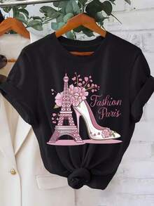 Camiseta negra informal de manga corta con cuello redondo para hombre,Camisetas Para Mujer Camiseta trendy moda París estampado torre Eiffel flores elegante diseño cómodo casual estilo urbano talla S/M/L/XL color negro categoría ropa femenina popular. - Negro - Ver 1