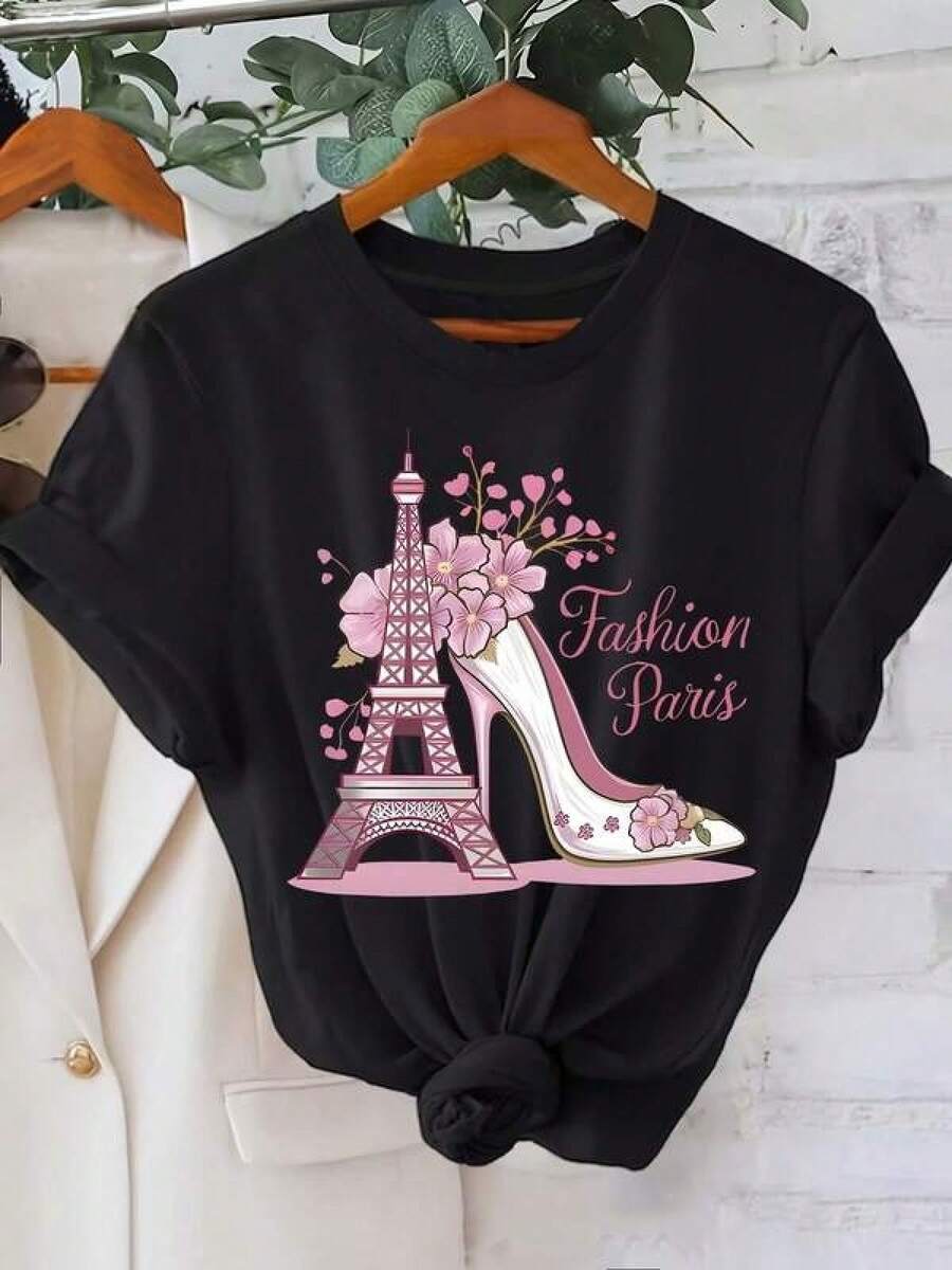 Camiseta negra informal de manga corta con cuello redondo para hombre,Camisetas Para Mujer Camiseta trendy moda París estampado torre Eiffel flores elegante diseño cómodo casual estilo urbano talla S/M/L/XL color negro categoría ropa femenina popular. - Negro - Ver 1