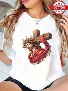 1 Blusa para Mujer, Preciosas Blusas para Mujer, Conjuntos de Ropa para Mujer, Cristo 180G Blanco y Negro con Estampado, Alta Calidad, Estampado Religioso en Cuello Redondo, Corte Holgado Básico, Transpirable, Versátil, Lavable a Máquina, Cómoda, Talla S ~ 2XL, Ideal para Uso Diario Casual, Deportivo, Esencial para el Verano. - Negro - Ver 6