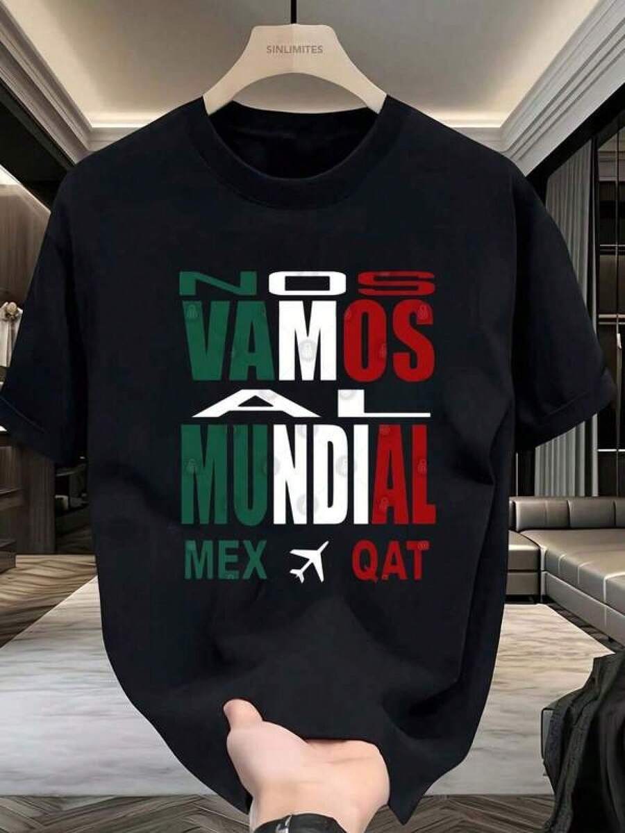 Camiseta Gráfica 'Vamos al Mundial' para Aficionados del Fútbol |     Colores Audaces de México y Qatar |     Ideal para Días de Partidos y Reuniones Festivas |     Ropa Deportiva a la Moda - Negro - Ver 1