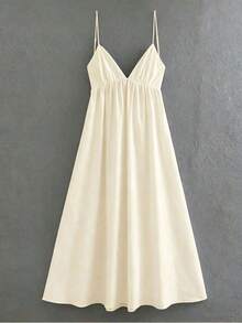 Women's Striped Dress With Thin Straps And Open Back - White - View 3