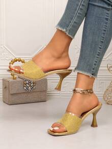 Women's Gold Glitter Kitten Heel Slides, Transparent PVC Square Toe Slip-On Mules Suitable For Parties - Gold - View 4