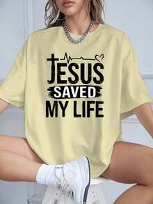 Women's Casual Cotton T-Shirt, Women's Size Clothing, "Jesus Saved My Life" Print T-Shirt, Short-Sleeved Crew Neck Casual Top For Spring/Summer,  Women's Size Clothing. Versatile Style Suitable For Summer. - 杏 - 查看 6