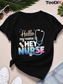 Women's Short-Sleeved T-Shirt With Round Neck, Printed, Made Of 100% Pure Cotton Fabric, Soft And Drapey, Suitable For Daily Wear, Office, School, Vacation, Camping, Versatile Style, Short Sleeves Make Your Summer More Vibrant And Colorful. - 黑色 - 查看 1