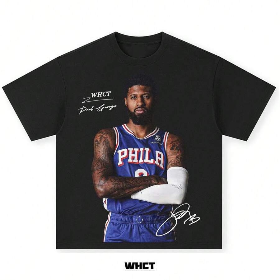 WHCT Paul George Loose-Fitting Pure Cotton Short-Sleeved T-Shirt, American Style, Youthful, Simple, Sporty, Casual, For Basketball Training, For Summer. - 黑色 - 查看 1