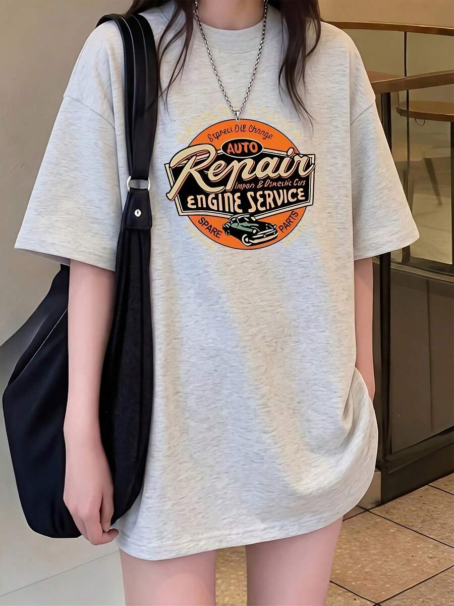 [Bestseller] Camiseta de Verano para Mujer de Manga Corta con Diseño Elegante, Corte Holgado, Estampado de Dibujos Animados, Algodón Puro, Cómoda y Suave, Camiseta de Algodón para Uso Diario. - gris moteado - Ver 1