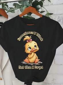 Women's Plus Size Casual Fashion T-Shirt 0-8XL - Modern Base Layer For Everyday Wear, All Seasons Comfortable Fit, Fun T-Shirt With Cute Duckling Design And Slogan "Sometimes I Overthink But Then I Forget" - Soft And Stretchy Fabric, Machine Washable, T-Shirt - 黑色 - 查看 1