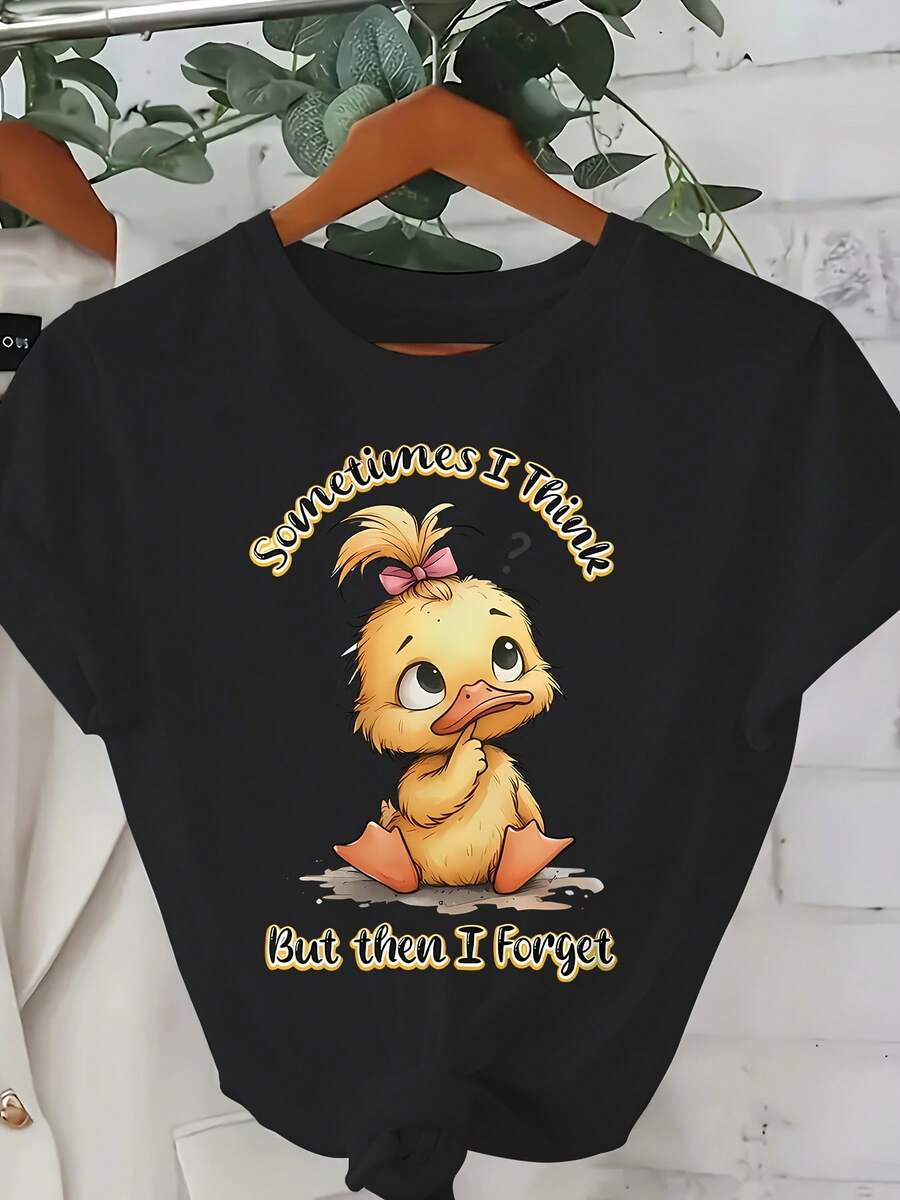 Women's Plus Size Casual Fashion T-Shirt 0-8XL - Modern Base Layer For Everyday Wear, All Seasons Comfortable Fit, Fun T-Shirt With Cute Duckling Design And Slogan "Sometimes I Overthink But Then I Forget" - Soft And Stretchy Fabric, Machine Washable, T-Shirt - 黑色 - 查看 1