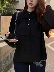 Black Long-Sleeved Shirt With A High Collar And Pleats, Elegant And Versatile Style - Hitam - View 1