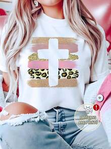 Women's White T-Shirt With Leopard Print Cross And Glitter, Aesthetic Faith Design Short Sleeve T-Shirt, Modern Spiritual Animal Print Top, Fashionable Casual Blouse With Mixed Textures - 白色 - 查看 1