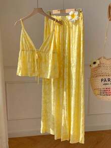 Conjunto casual de 2 piezas de mujer con rayas tejidas, para primavera/verano - Amarillo - Ver 4