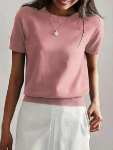 Camiseta de punto de manga corta de unicolor y peso ligero para mujer, top minimalista de verano - durazno - Ver 3
