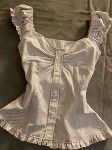 Blusa de mujer con volantes y rayas de solapa única - Multicolor 2 - Ver 5