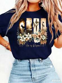 Easter Gift Women's Elegant Style Short Sleeve Easter Religious Theme Printed Pattern Round Neck Women's Comfortable Soft Breathable New Spring Summer - 藏蓝色 - 查看 11