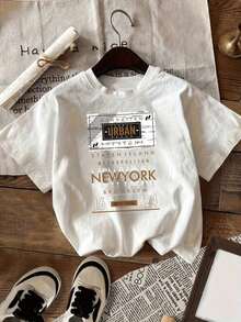 Camiseta Gráfica Manhattanfamous - NYC de Soft Urban Brand para Mujer, Manga Corta, Cuello Redondo, Estilo Casual, Colección Primavera/Verano, Blanca con Estampado Amarillo y Negro, Corte Relajado para Atuendo Informal, Camiseta Versátil|    Camiseta de Mujer|   Stylish Letter Print, blusa casual mujer,playeras de mujer algodon - Blanco - Ver 6