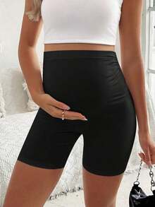 Leggings Casuales para Mujeres Embarazadas, Shorts con Pliegues, Shorts Estilo Biker - Negro - Ver 4