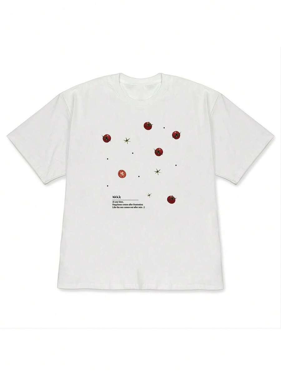 Una camiseta de manga corta para mujer, de estilo casual y distintivo, con hombros caídos, única y poco común. Con estampados de tomates dispersos, esta camiseta de manga corta de talla grande para parejas encarna un estilo relajado. - Blanco - Ver 1