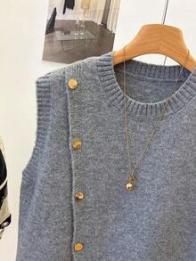 1 pieza Chaleco sin mangas de punto de unicolor con cuello redondo corto, diseño asimétrico con botones, accesorio de moda, chaleco versátil de punto para el verano - Gris - Ver 6