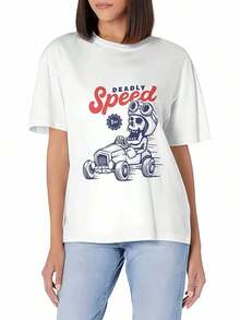 Women's Short-Sleeved T-Shirt, Slim Fit, Casual, With A Print Of A Person On A Motorcycle With A Red Cap, Made Of Soft Cotton, Round Neck, Basic And Versatile. - 白色 - 查看 1