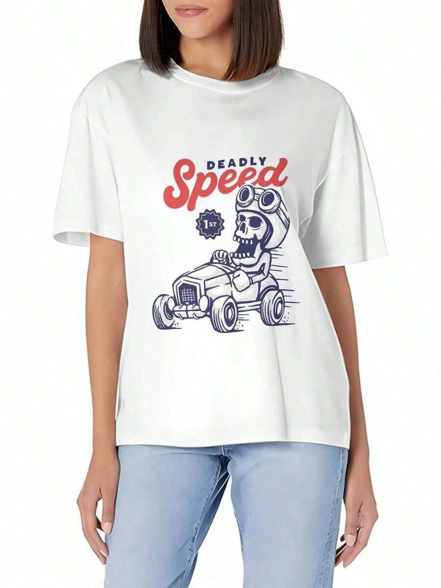 Women's Short-Sleeved T-Shirt, Slim Fit, Casual, With A Print Of A Person On A Motorcycle With A Red Cap, Made Of Soft Cotton, Round Neck, Basic And Versatile. - 白色 - 查看 1