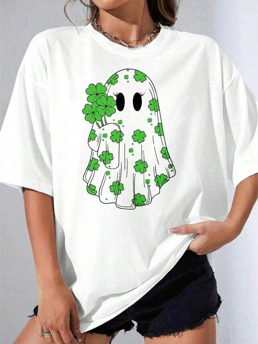 Women's T-Shirts For Gift, Short Sleeve, Casual Style For Parties, OneCute Ghost White T-Shirt With St. Patrick's Day Shamrock Print For Women, Casual Festival Wear, Soft. - 白色 - 查看 1