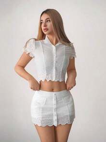 Set de 2 piezas con blusa de manga de pétalo con bordado en la cintura y falda ajustada para mujer - Blanco - Ver 8