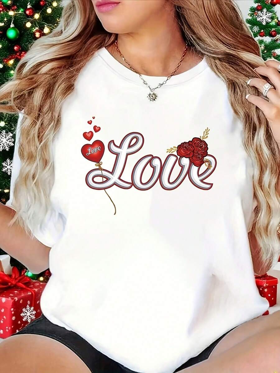 T-Shirt, Valentine's Day T-Shirt, Gift For Girlfriend, Romantic Love Motif With Heart And Rose Print, White Short-Sleeved Crew Neck T-Shirt For Women - Machine Washable, Suitable For Christmas Parties, Casual Outings, Friend Gatherings, Festive Outfit, Christmas Gift. - 白色 - 查看 1