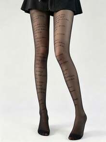 1 Pair Black Transparent Tights With English Letter Print, Sexy Elegant Bold Letter Pattern, Daily Wear Leggings - Multicolor - View 3