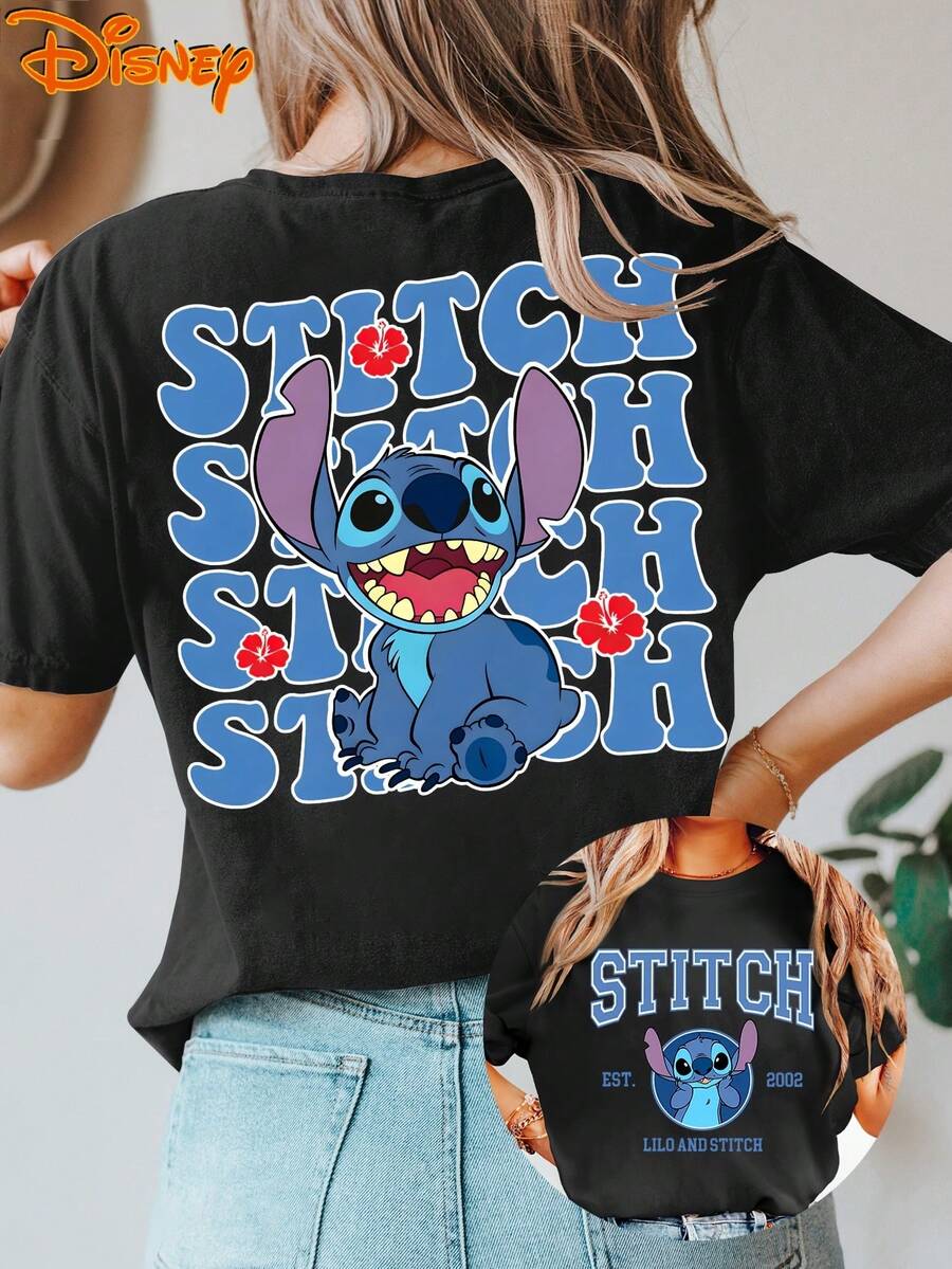 Women's Disney Lilo & Stitch T-Shirt - Plus Size S-XXL Short Sleeve Vintage Stitch Print Top | Double-Sided Lilo & Stitch Suitable For Spring Summer Fall Casual Casual Attire, Machine Washable Round Neck Blouse Disney Trip Outfits - 黑色 - 查看 1