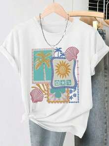 Women's Casual Top, New Spring/Summer 2026 Collection: Short-Sleeve T-Shirt With Round Neck And Tropical Print Of Palm Trees, Sun, Seashells, And Starfish. Vintage Distressed Style Casual Top, Made Of Soft Knit Fabric, High-Quality Women's Clothing | Fun And Original Design | Suitable For Everyday Wear In Spring, Summer, And Autumn. | Fun And Rejuvenating Unisex T-Shirts For Summer Outings, Asymmetrical Tops For Women, Fashion - 白色 - 查看 7