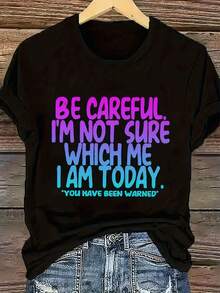 Camiseta Deportiva Casual para Mujer en Negro con Diseño de Texto Colorido - Camiseta Elástica de Cuello Redondo, Lavable aáquina, Ajuste Cómodo y Perfecta para Todas las Estaciones, para un Estilo Divertido y Colorido. - Negro - Ver 6