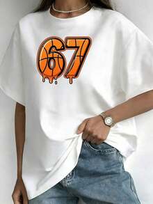 Women's Dripping Basketball Graphic Print T-Shirt Number 67, Sports Fan T-Shirt, Soft Pure Cotton, Casual Style For Game Day Or Everyday Wear, Unique Gift For Women. - 白色 - 查看 1