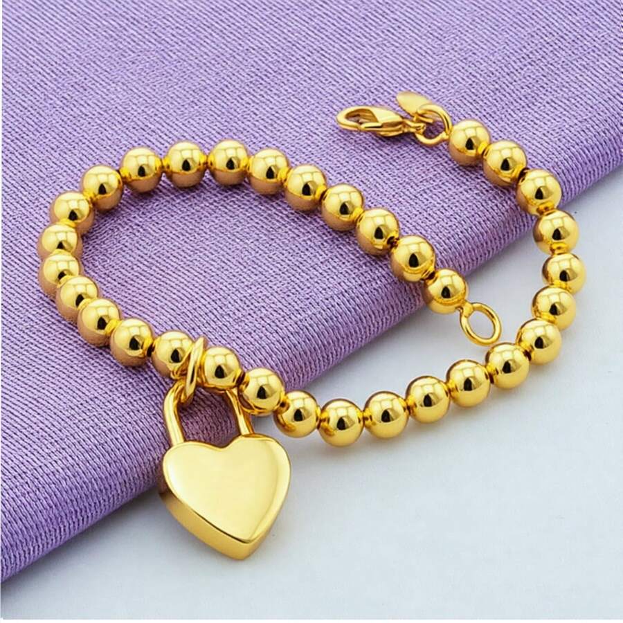 Vòng tay mạ vàng 18K hình trái tim khóa cài, hạt cườm 6mm, trang sức nữ cao cấp, vòng tay tình yêu, quà tặng Giáng sinh. - Vàng - Xem 1