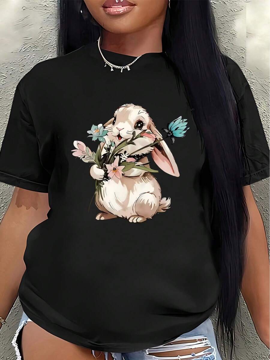 Short-Sleeved Polyester T-Shirt, Decorated With Cute Rabbit And Flower Patterns, Lightweight And Durable, Suitable For Home, Office, Or Casual Outdoor Wear, With A Soft And Comfortable Fabric Ideal For Everyday Use. Women's Casual Blouse - 黑色 - 查看 1