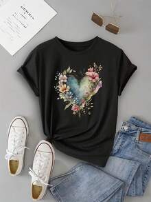 Camiseta Deportiva Casual para Mujer de Color Negro con Diseño Colorido de Corazón Floral - Camiseta Elástica de Cuello Redondo, Lavable aáquina, Ajuste Cómodo y Perfecta para Todas las Estaciones. - Negro - Ver 6